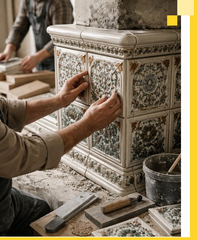 Изразцовые камины под ключ в Тихвине: проект и монтаж