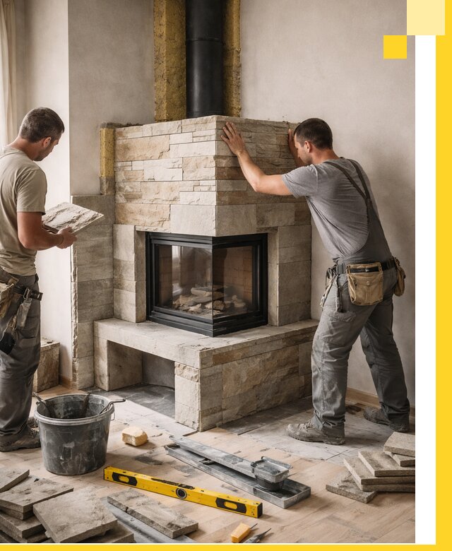 Угловые камины под ключ проект, монтаж и отделка в Тихвине