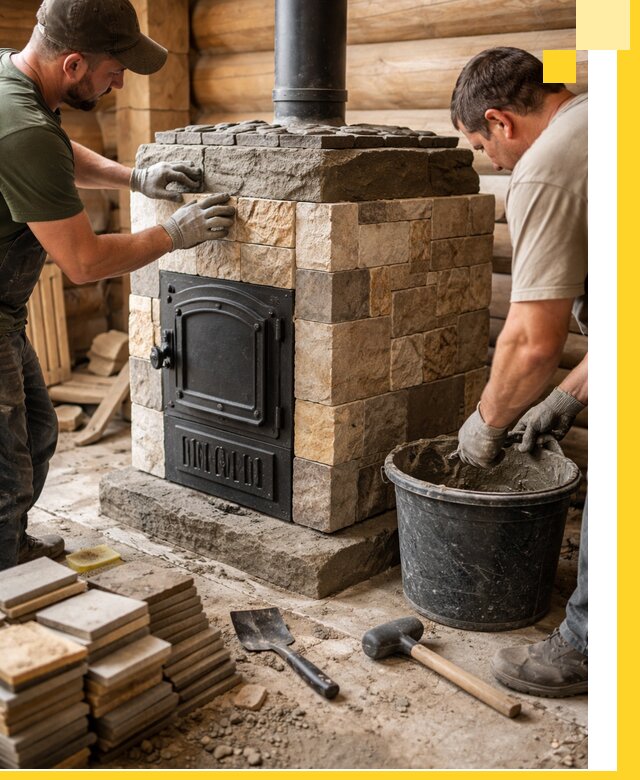 Облицовка банной печи под ключ в Тихвине: камень и плитка