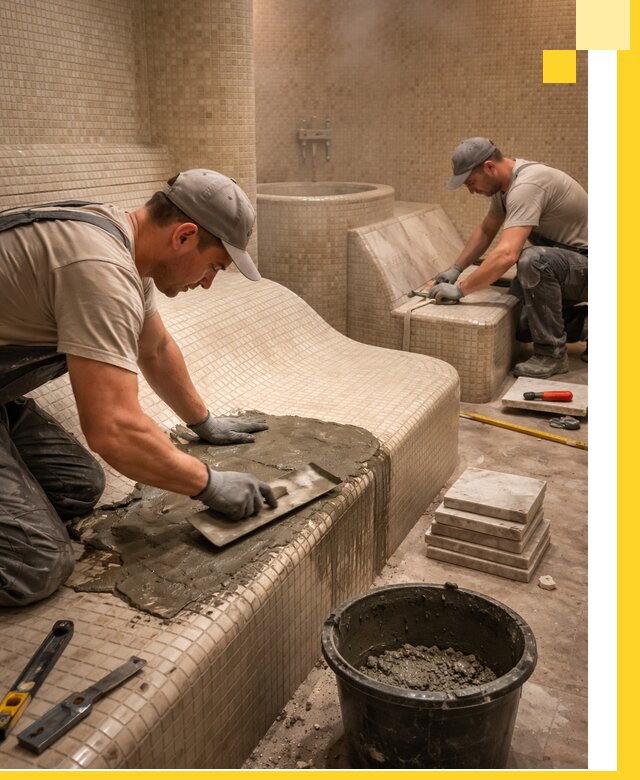 Лежаки для хамама под ключ в Тихвине, проект и монтаж